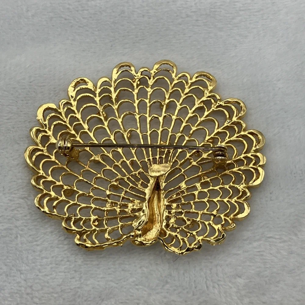 Large Gold Tone Colorful Crystal Peacock Brooch Statement Maximalist Coat Pin